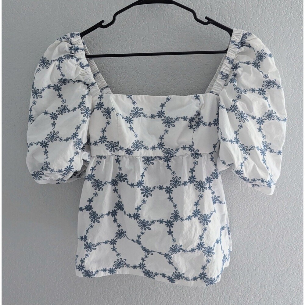 Silvia Tcherassi Tigertale Blouse Women's Size XS Tropical Blue Embroidered Top